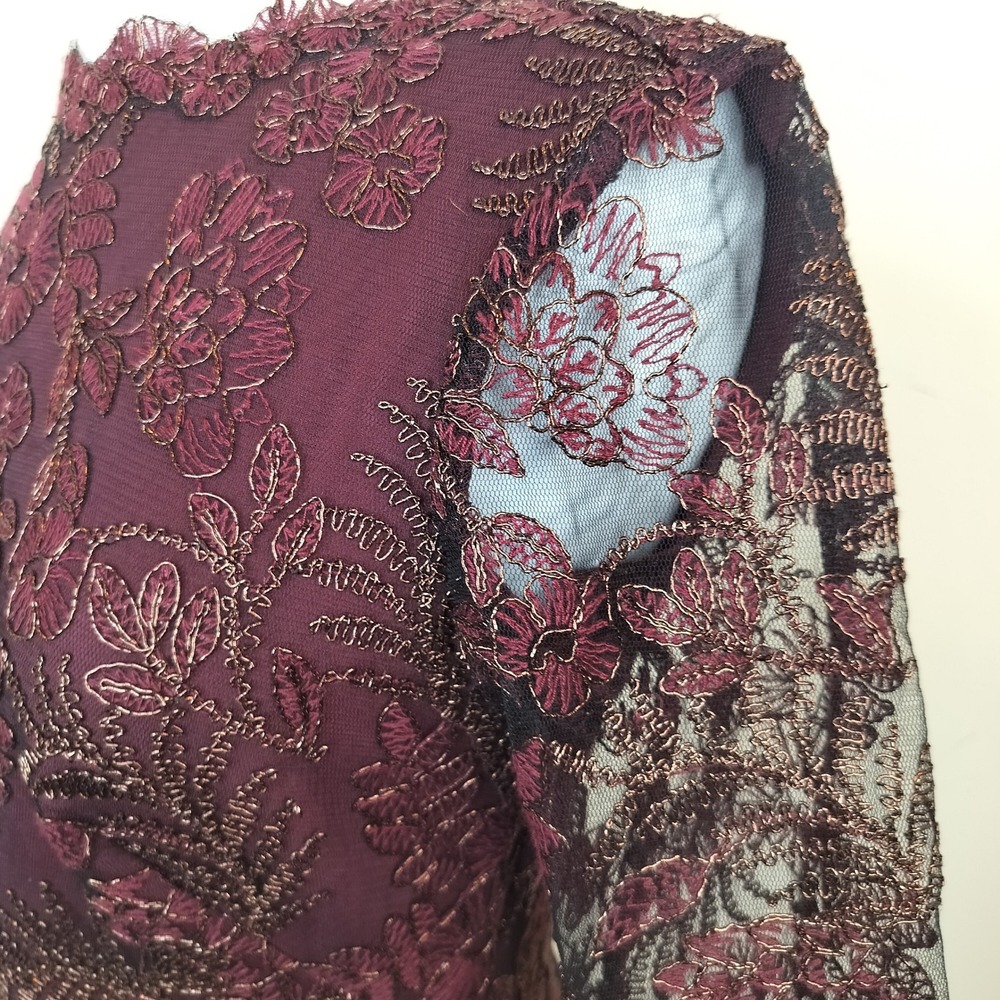 Tadashi Shoji Lace Embroidered Sheath Dress 2 Sheer Overlay Cocktail Raisin - Picture 5 of 14